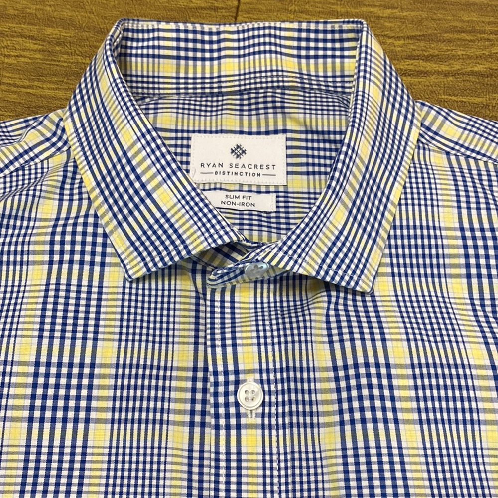 Ryan Seacrest Distinction Slim Fit Non Iron 17.5 x 34/35 Blue Yellow Dress Shirt